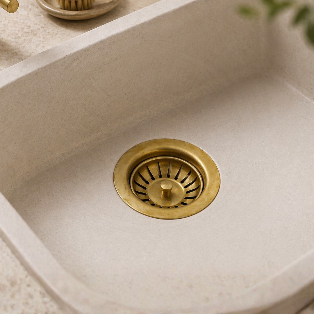 Unlacquered brass basket strainer installed in kitchen sink