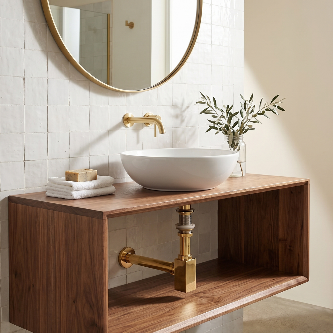Exposed brass bottle P-trap in a modern bathroom