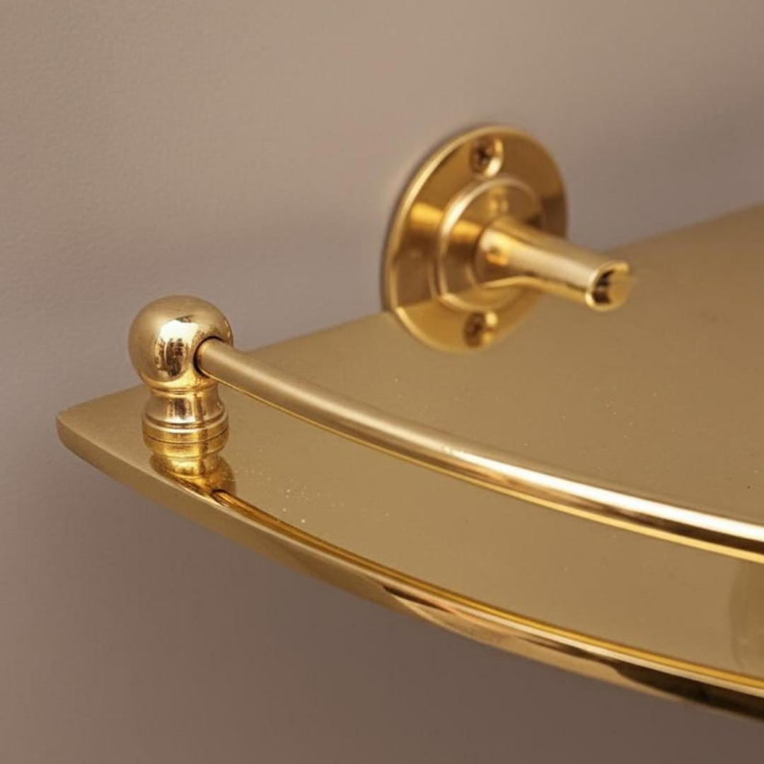 Brass corner shelf with safety rail detail