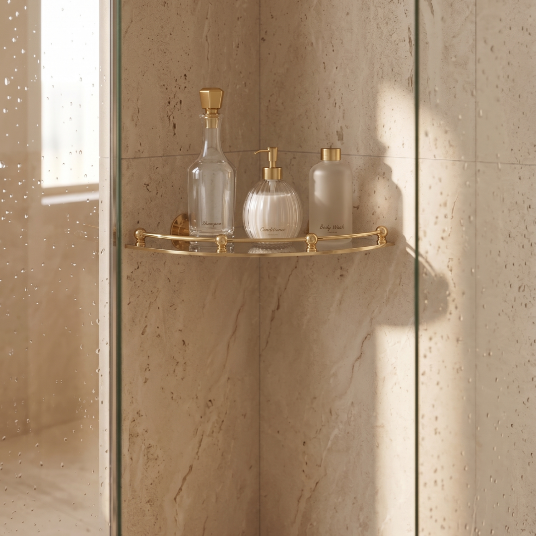 Brass corner shelf installed in a boutique bathroom shower