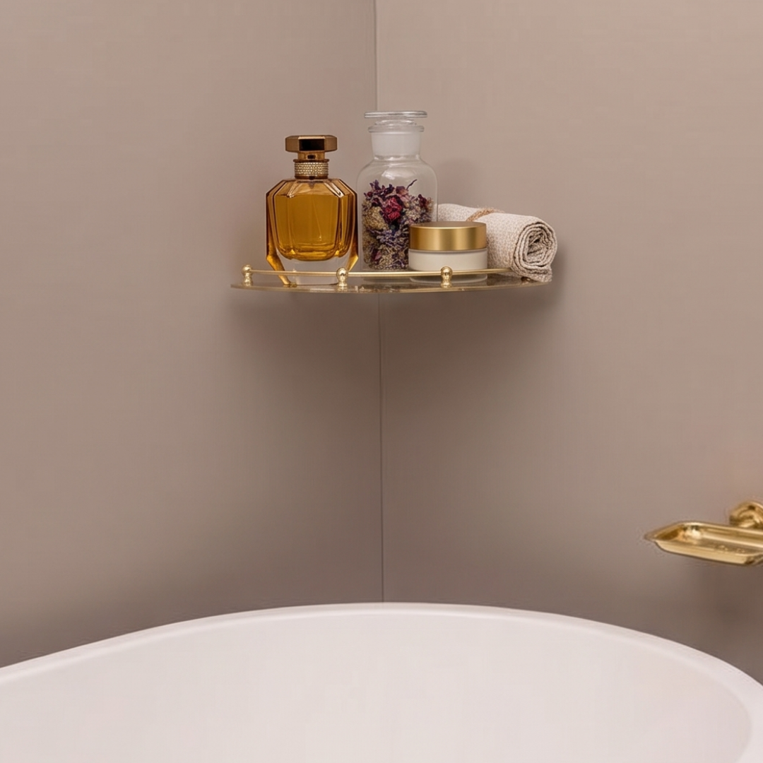 Brass shelf holding luxury skincare essentials