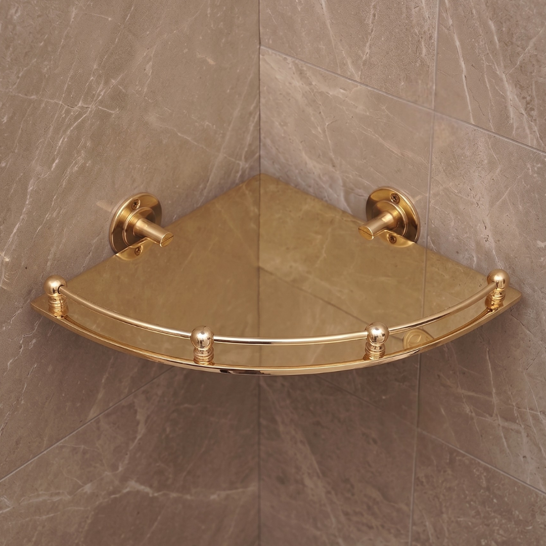 Detailed view of hand-polished brass corner shelf