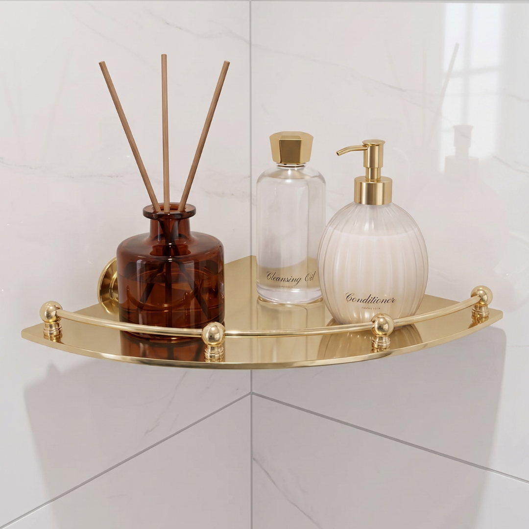 Brass Corner Shelf for bathroom in solid unlacquered brass