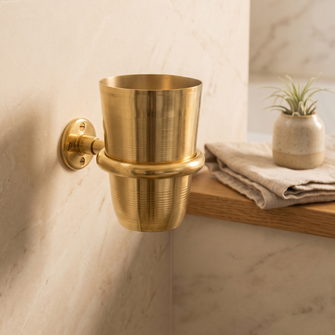 Brass wall-Mounted Toothbrush Holder in solid unlacquered brass