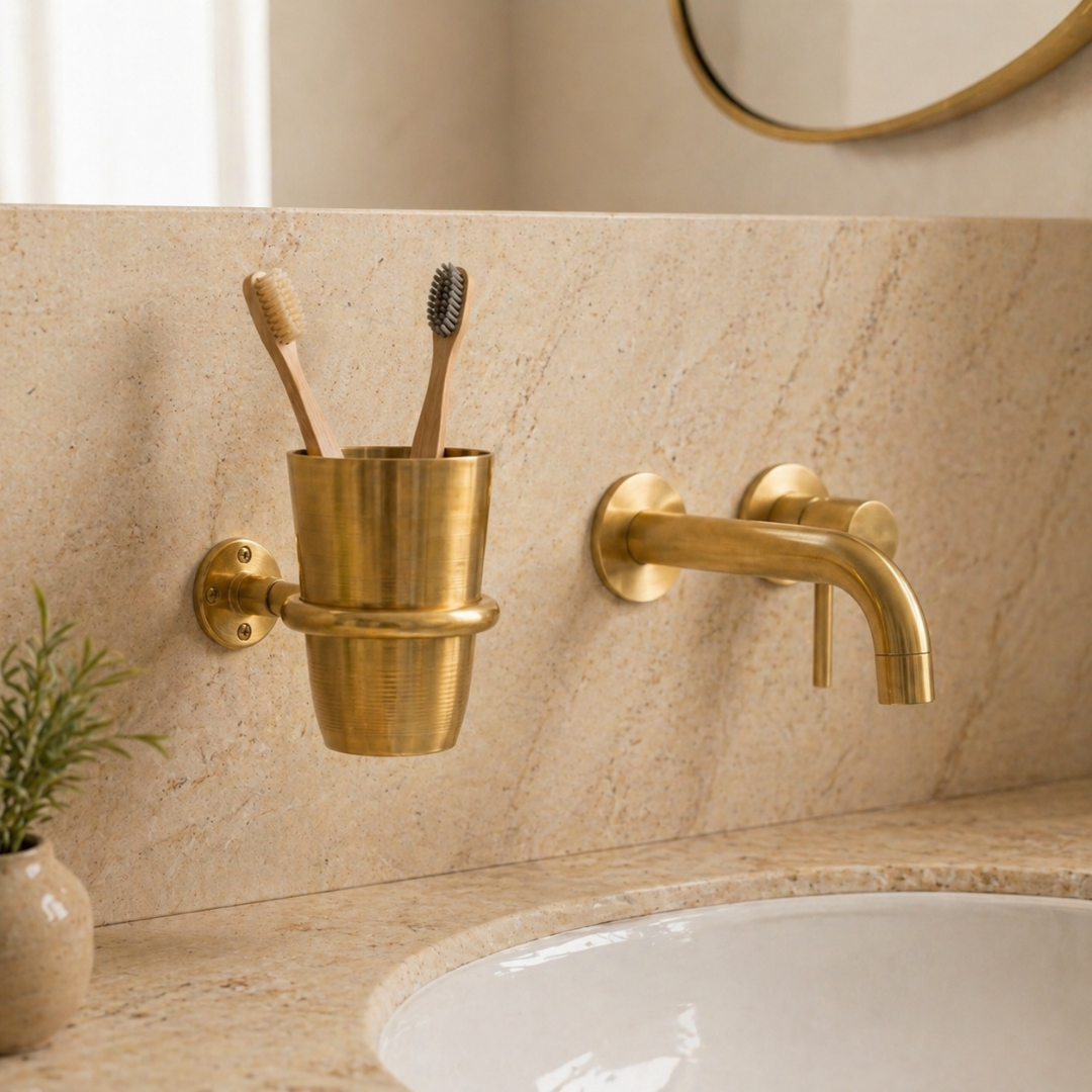 Brass toothbrush holder installed in a minimalist bathroom
