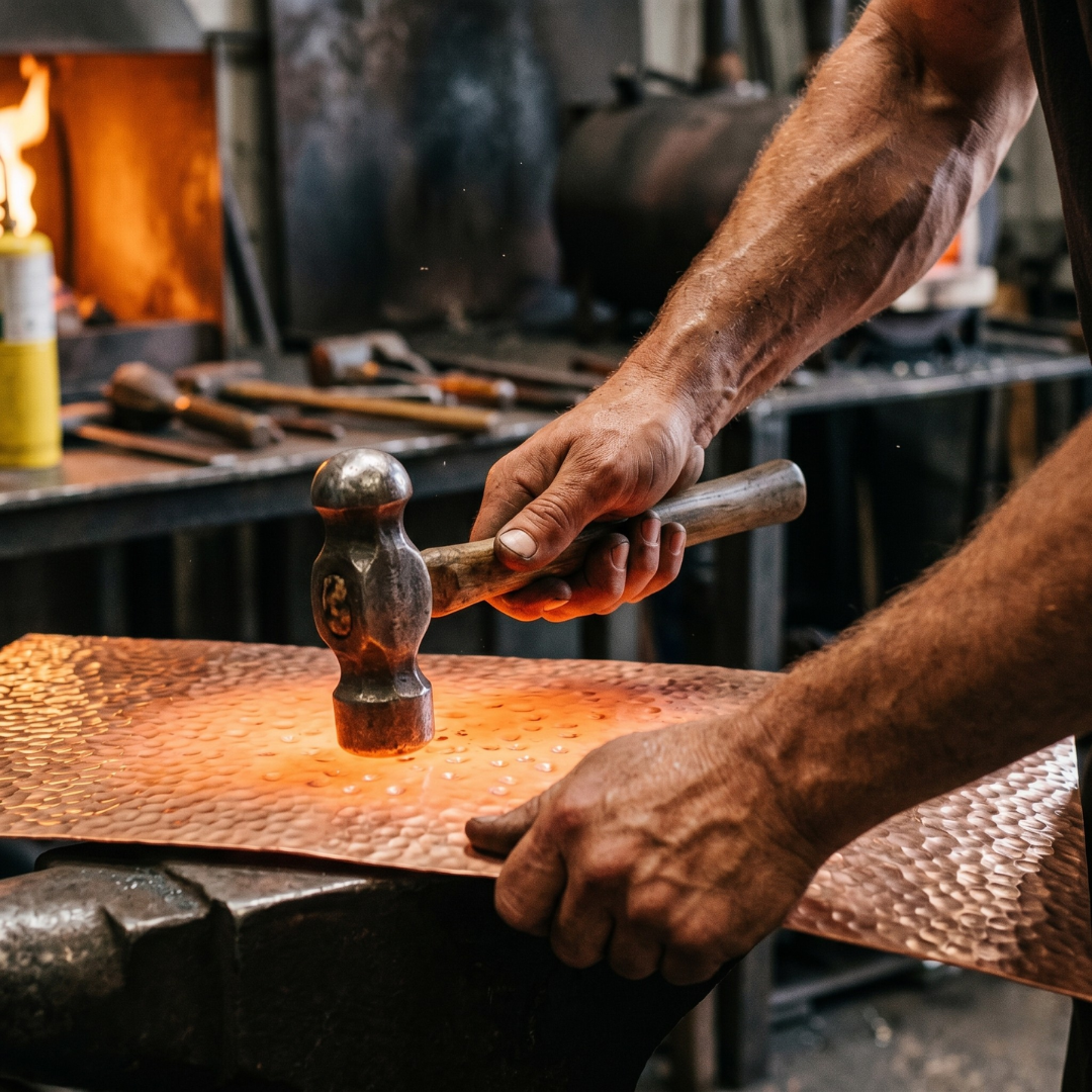 Hand-hammered copper surface — individual dimples from artisan's tool