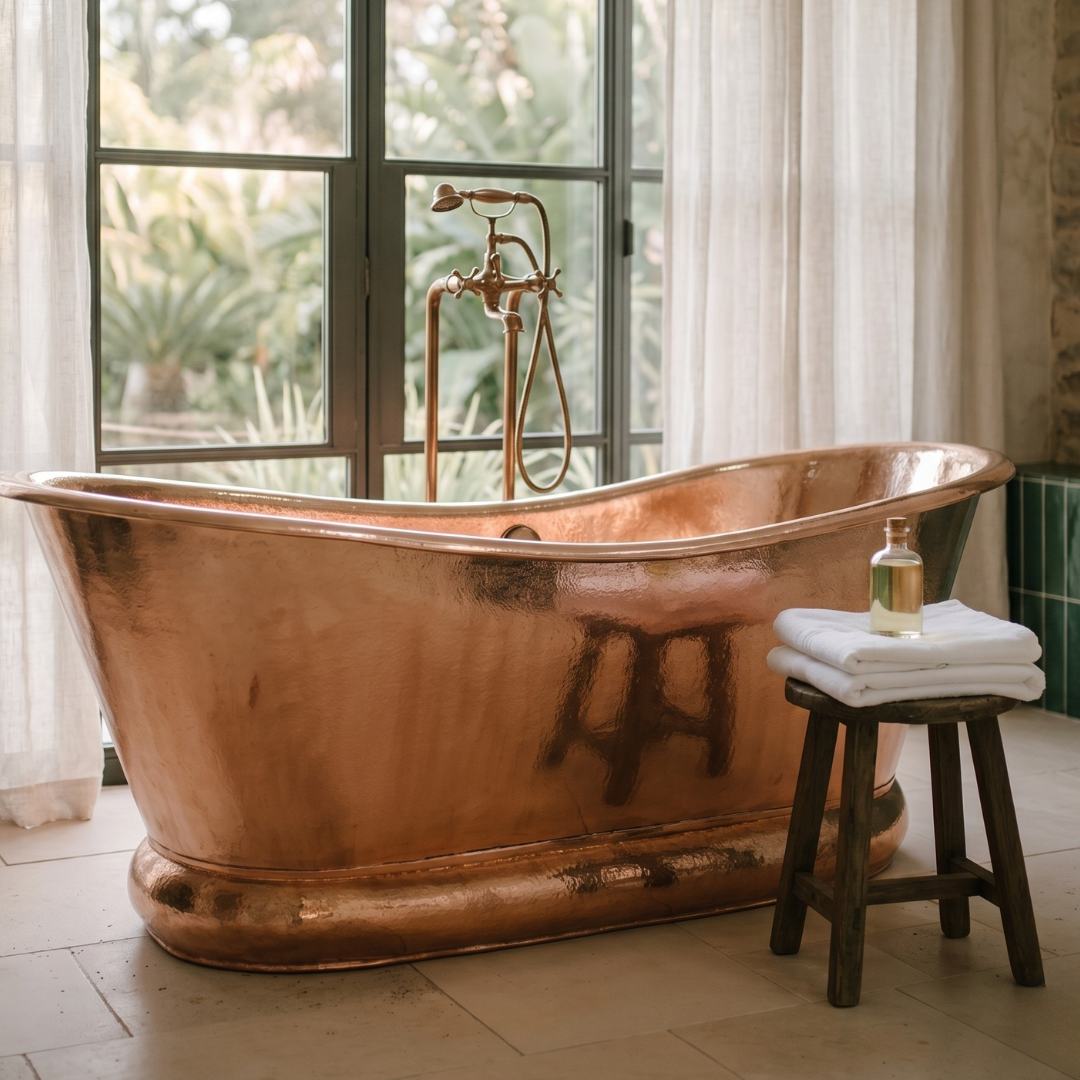 Heritage Freestanding Hammered Copper Bathtub — polished copper in a spa bathroom