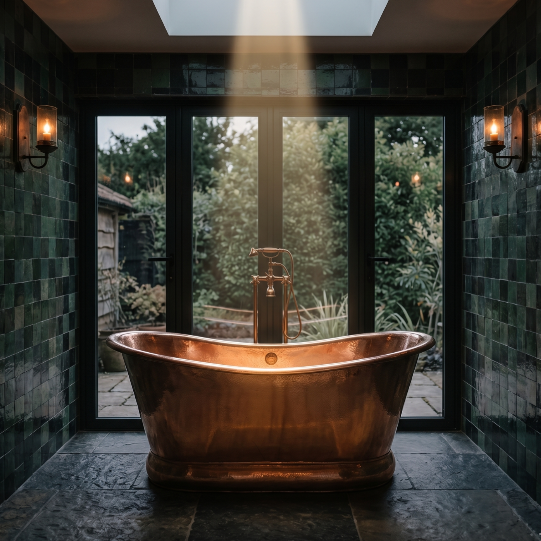 Heritage Hammered Copper Bathtub freestanding in a spa bathroom with botanical surroundings