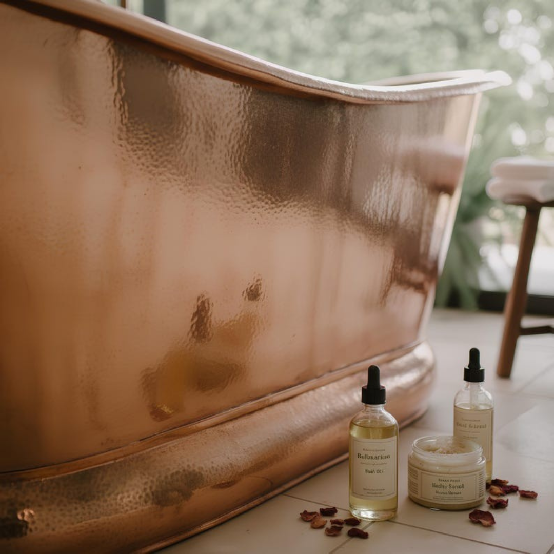 Close-up of polished hammered copper catching warm light