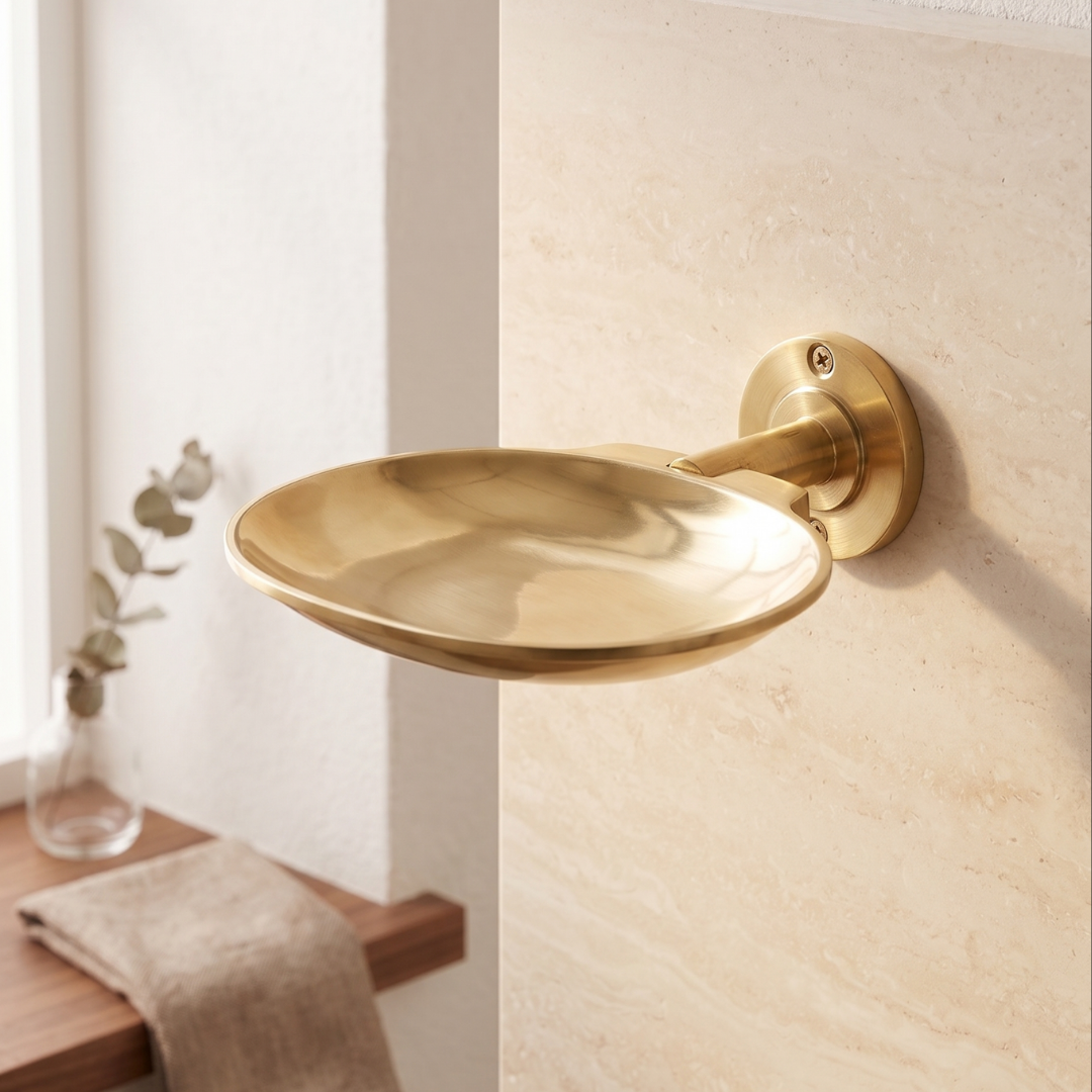 Solid brass soap dish installed in a boutique hotel bathroom