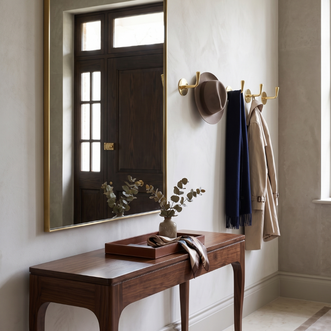 Minimalist brass hooks installed in an entryway