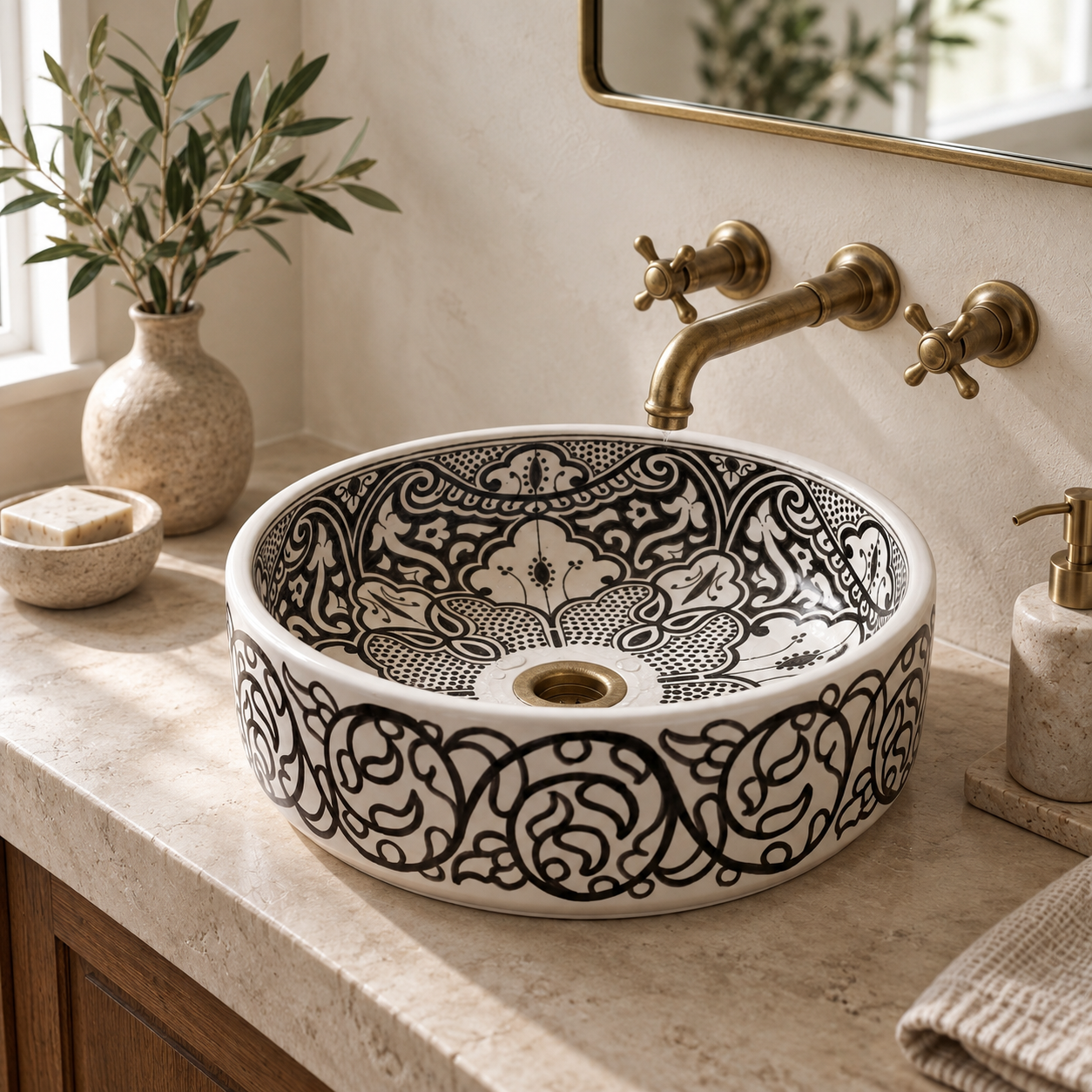 Amal hand-painted black and ivory floral ceramic vessel sink installed on a limestone vanity