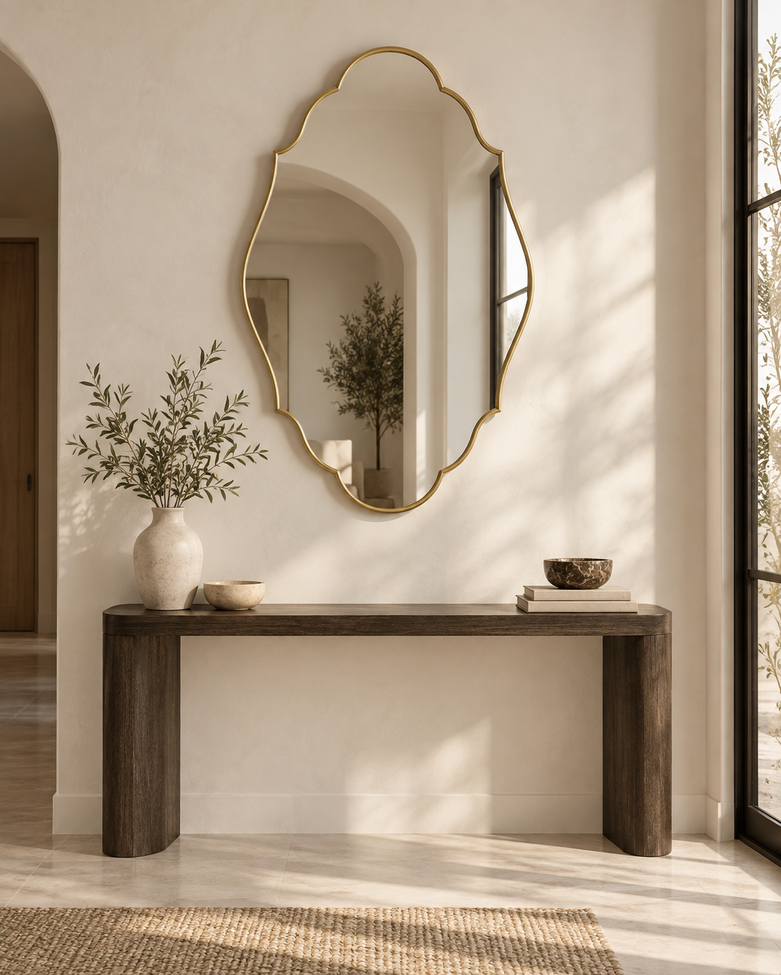 Celestine mirror above an entry console