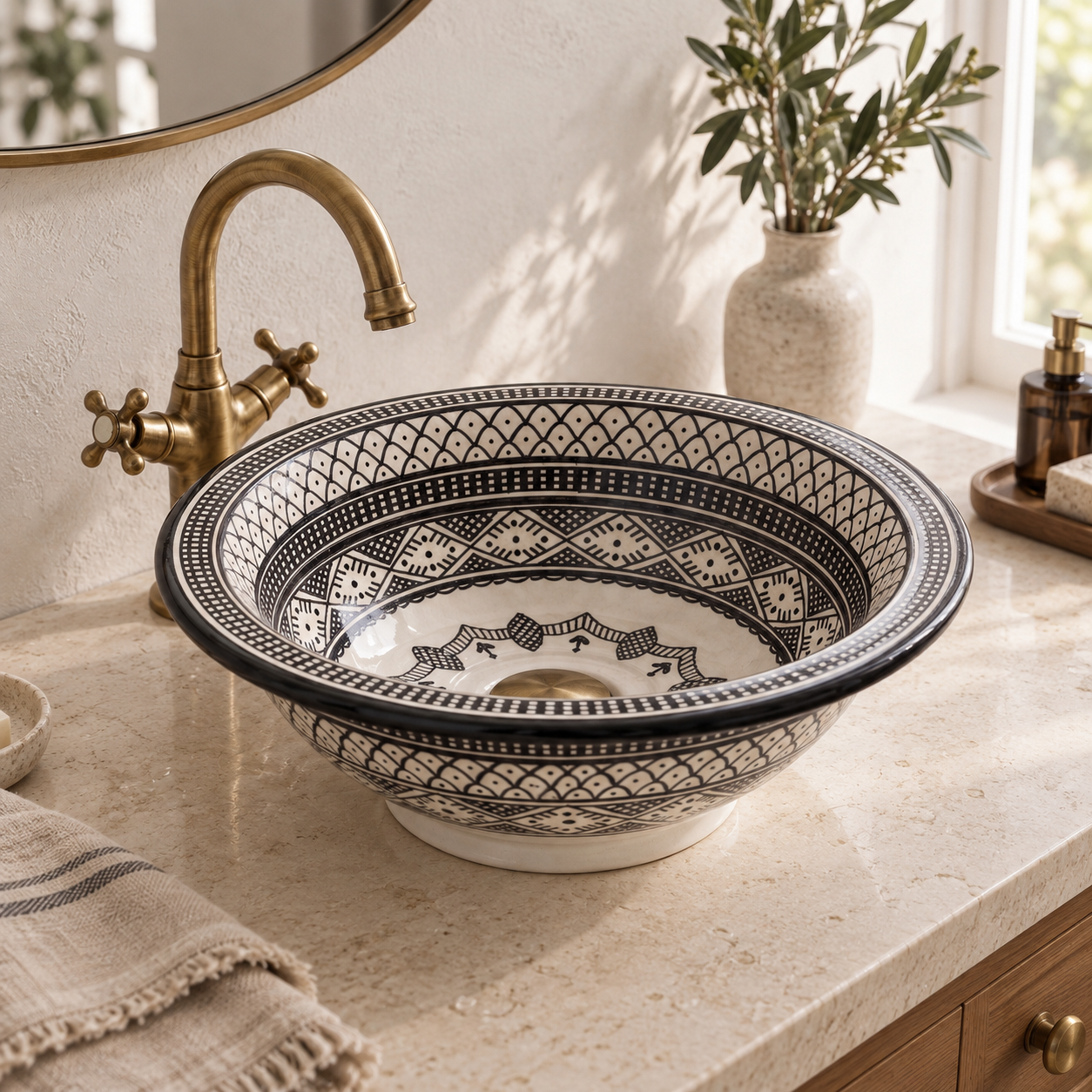 Naqsh black and white geometric ceramic vessel sink on a limestone vanity