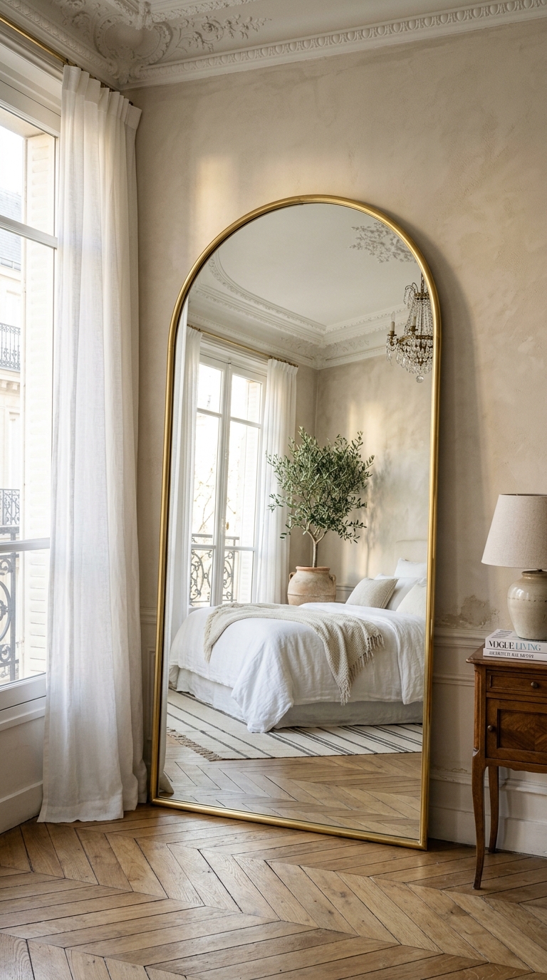 Rima 64 x 21 inch narrow arched gold full-length mirror in a bedroom