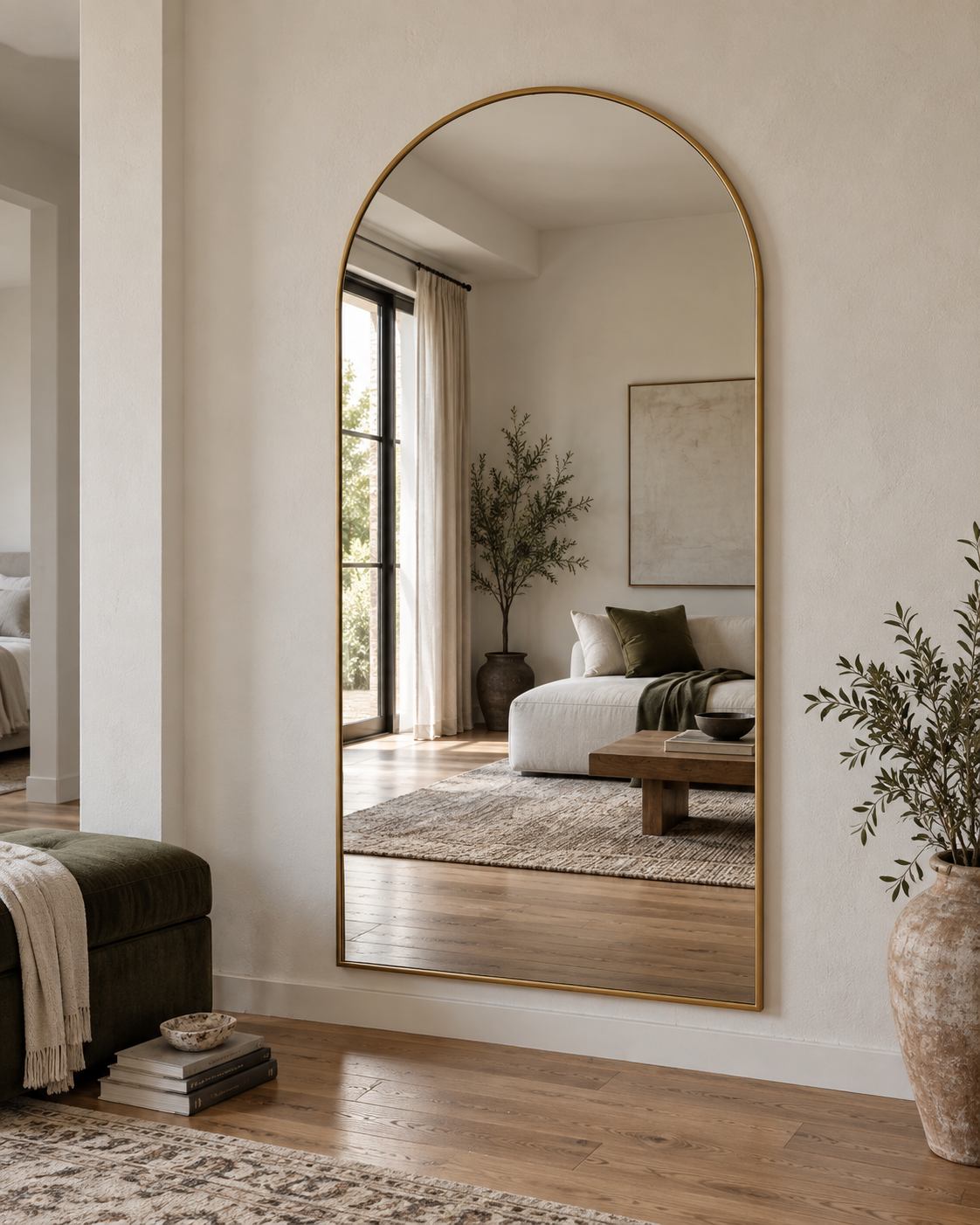 Rima 77 x 38 inch wide arched gold full-length mirror in a living room