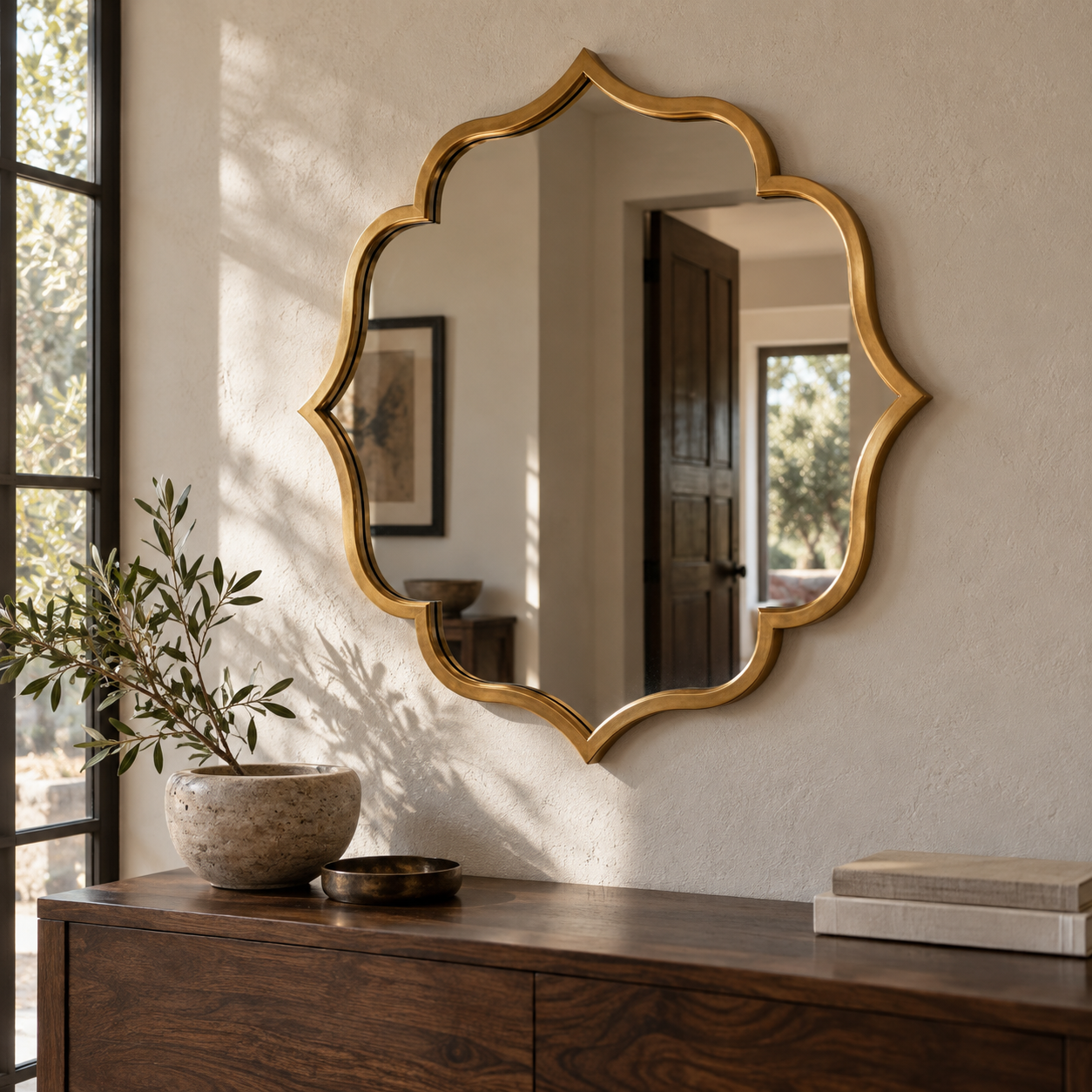 Safiya Moorish quatrefoil brass mirror photographed above a walnut console