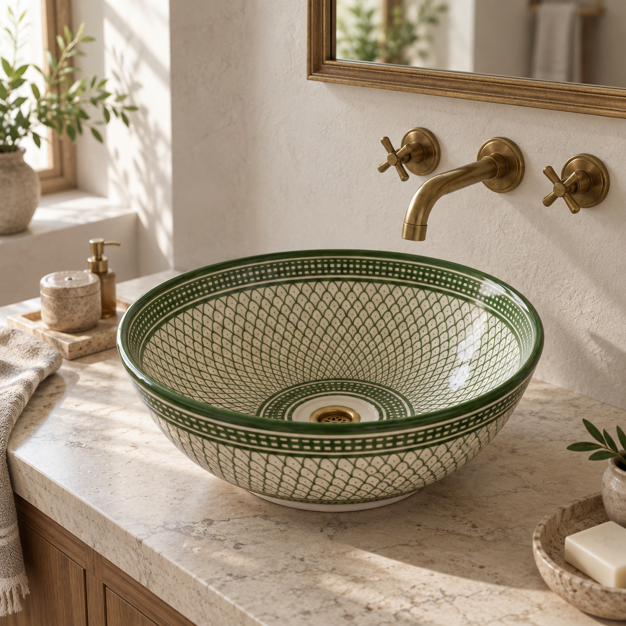 Zellij green scallop ceramic vessel sink installed in a sunlit bathroom