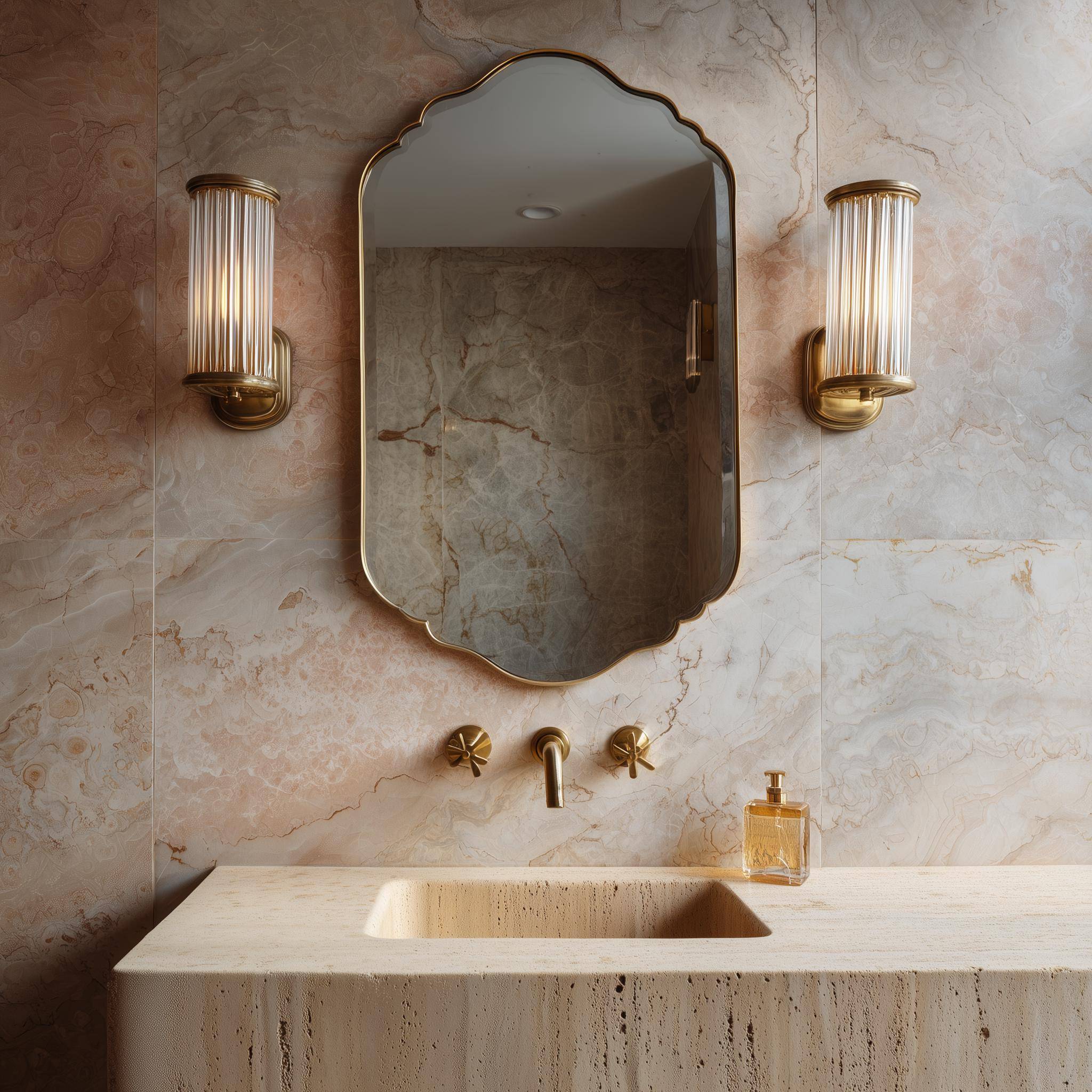 Amara scalloped brass mirror styled above a vanity
