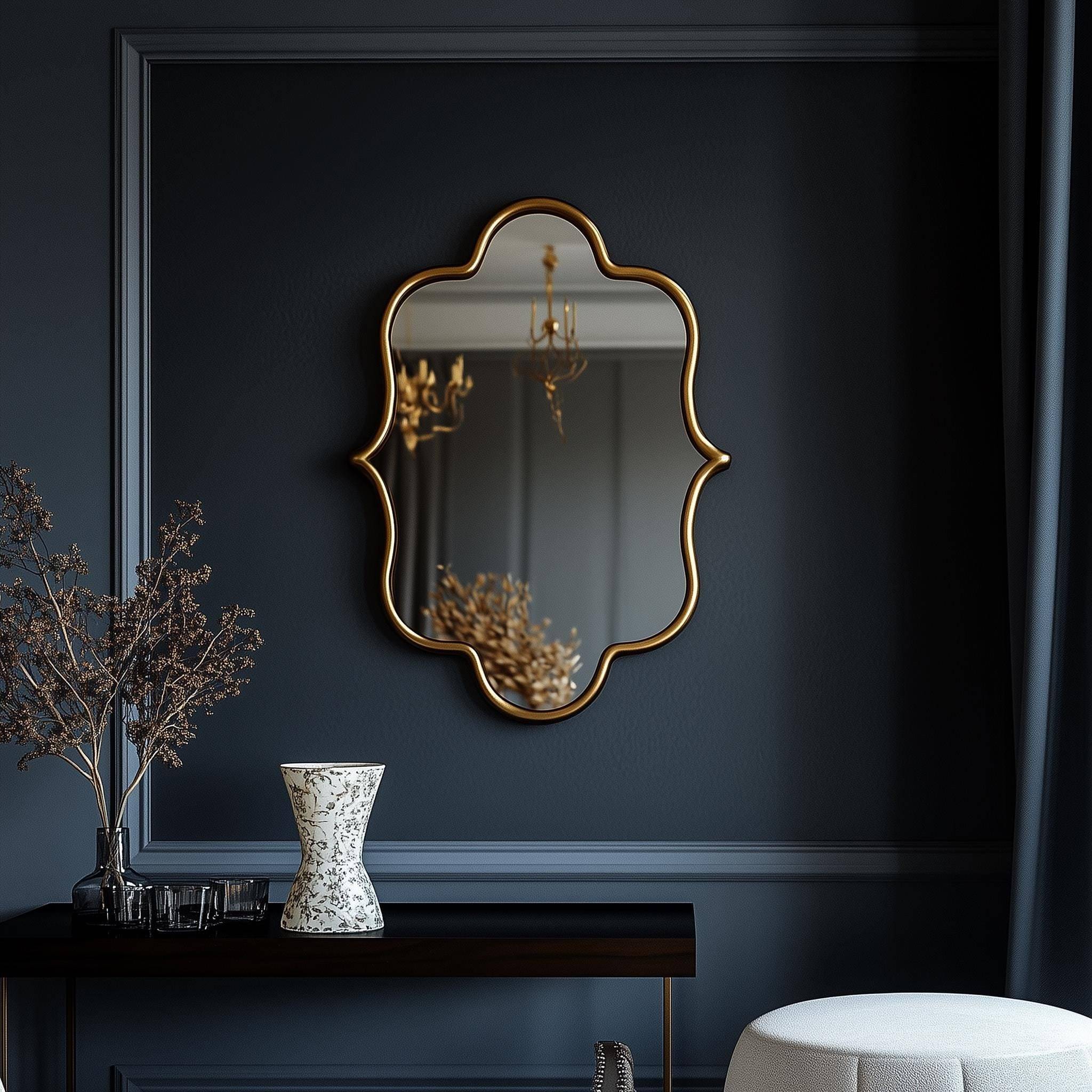 Selene ornate gold wall mirror above vanity