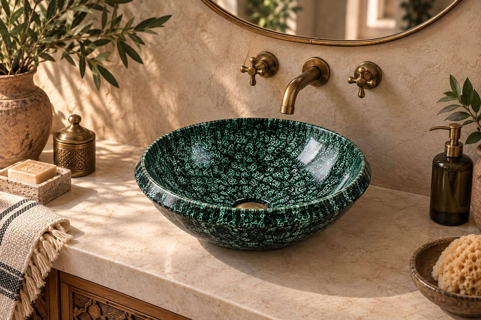 Zomorrod Emerald Ceramic Vessel Sink in Luxury Travertine Ensuite