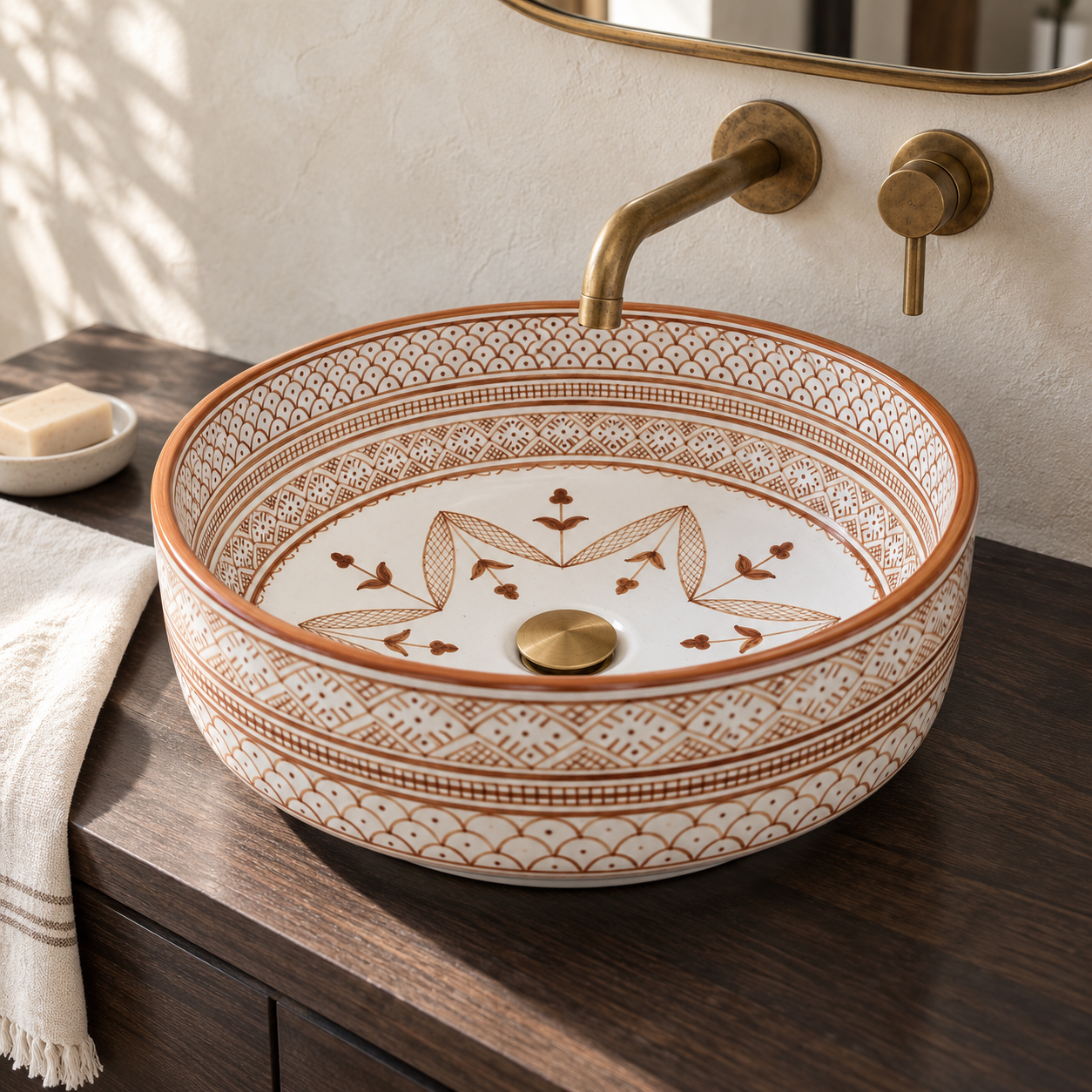 Sienna ceramic vessel sink styled with brass fittings on a walnut vanity — fittings sold separately