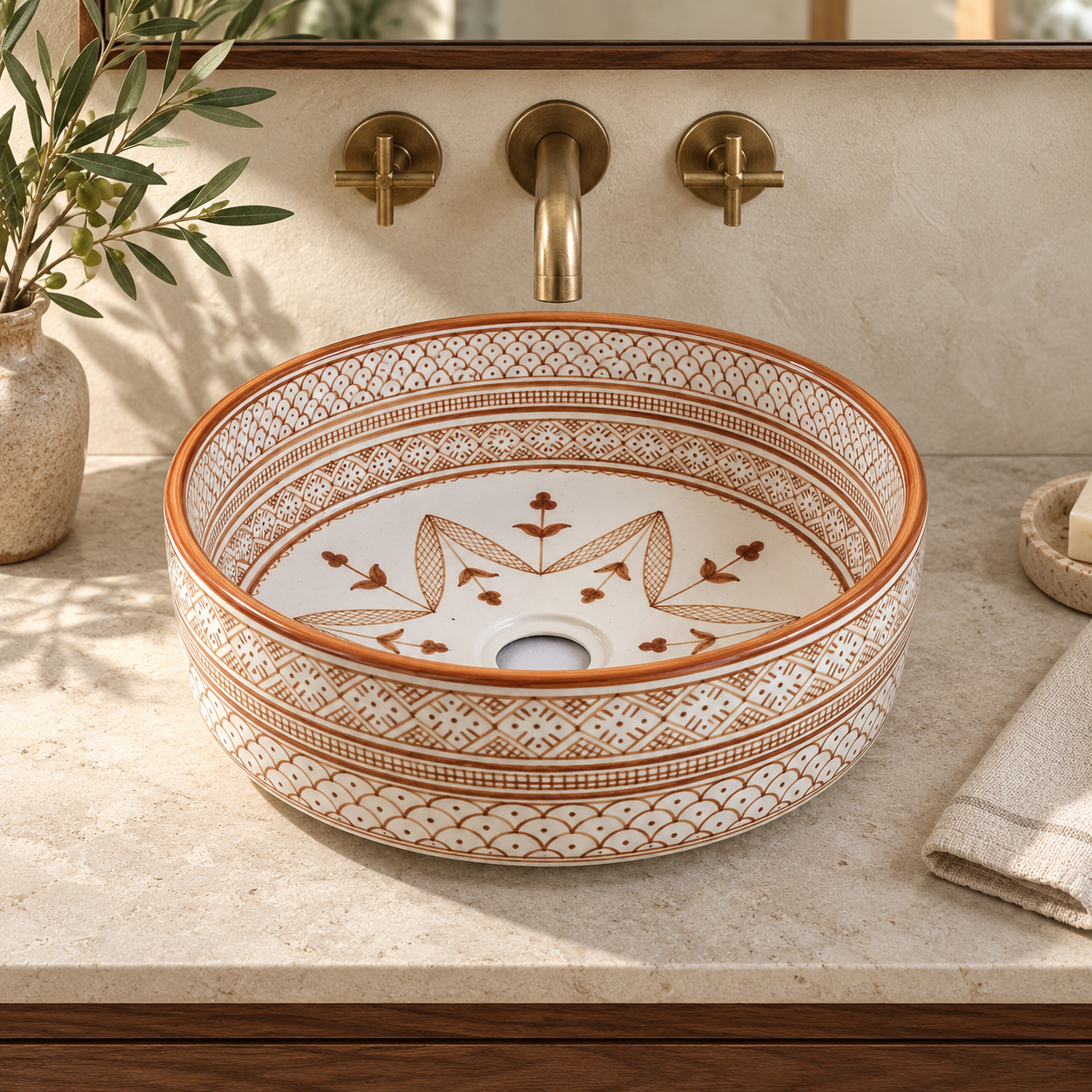 Sienna ceramic vessel sink — elevated view on a limestone vanity