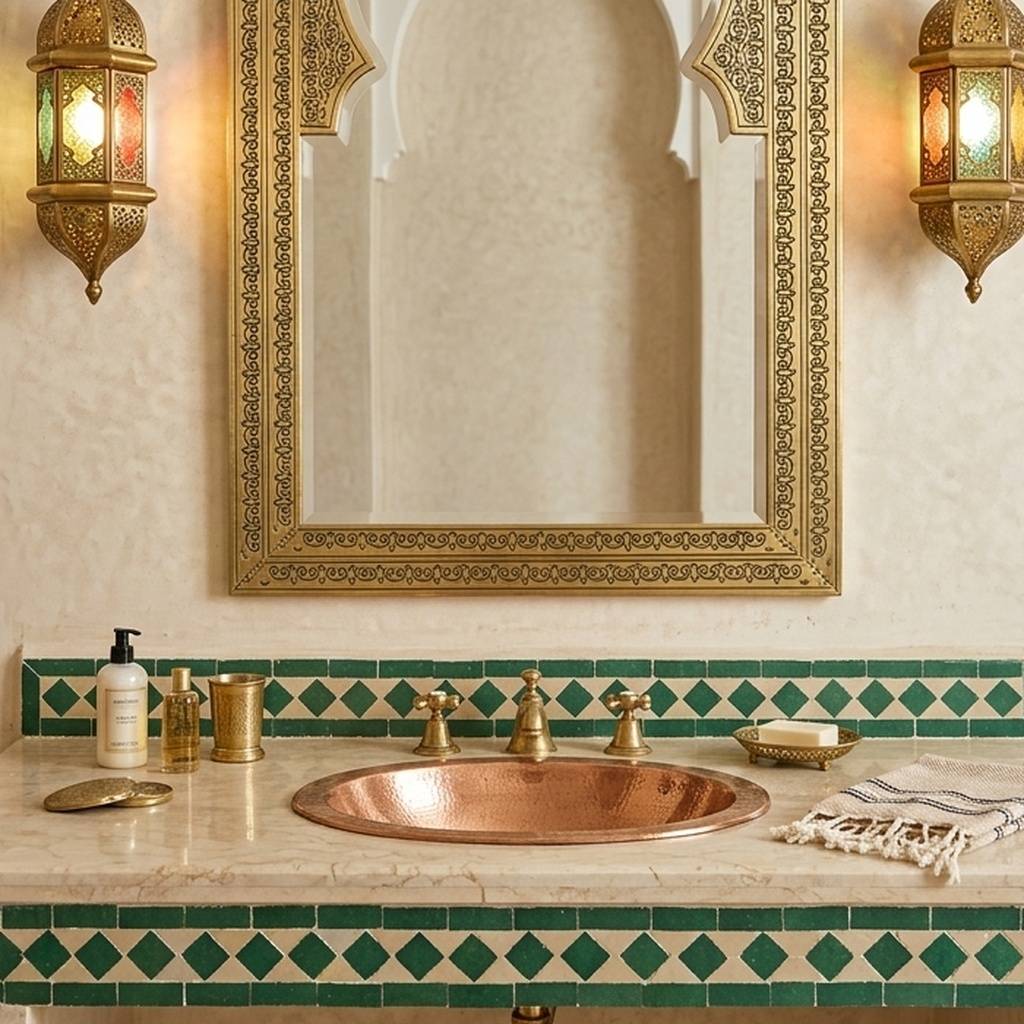 Fez mirror with emerald zellige and hammered copper basin