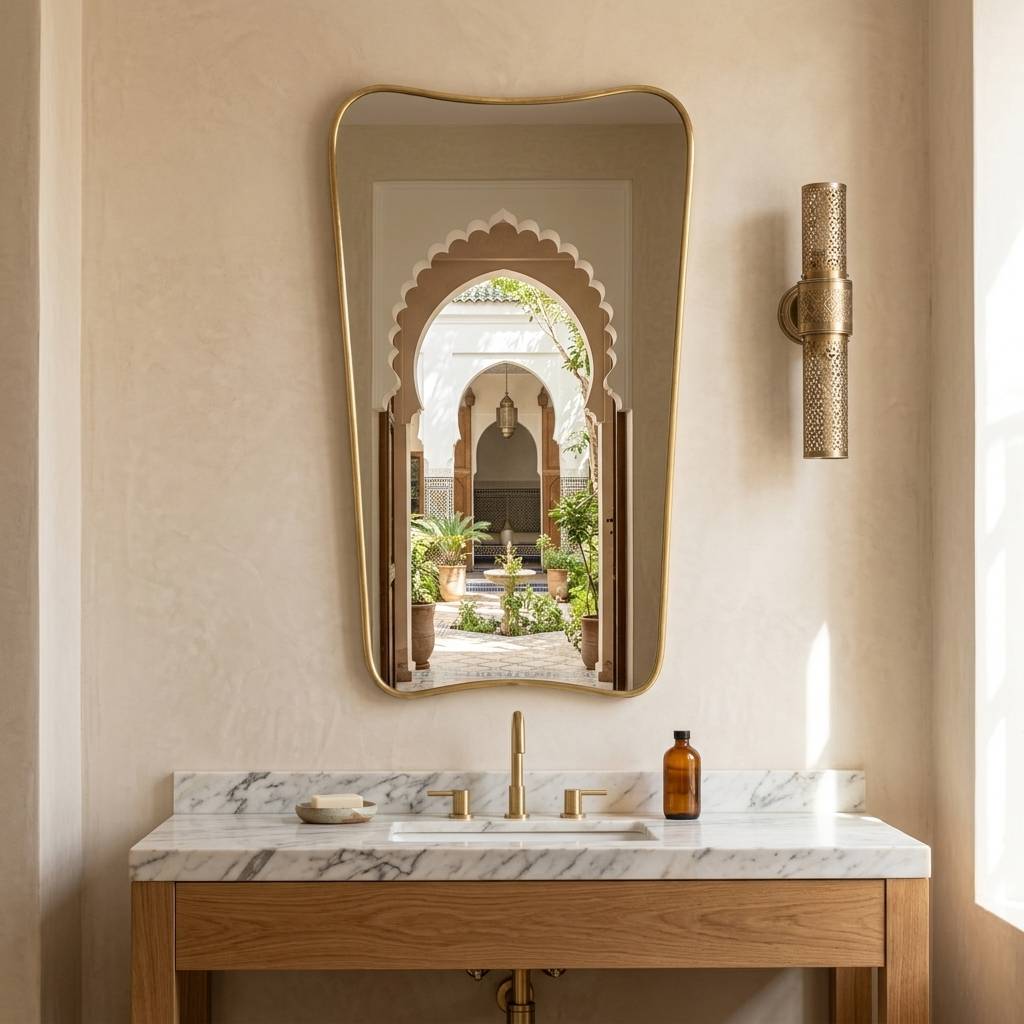 Leila Arched Contour Brass Mirror hero lifestyle view