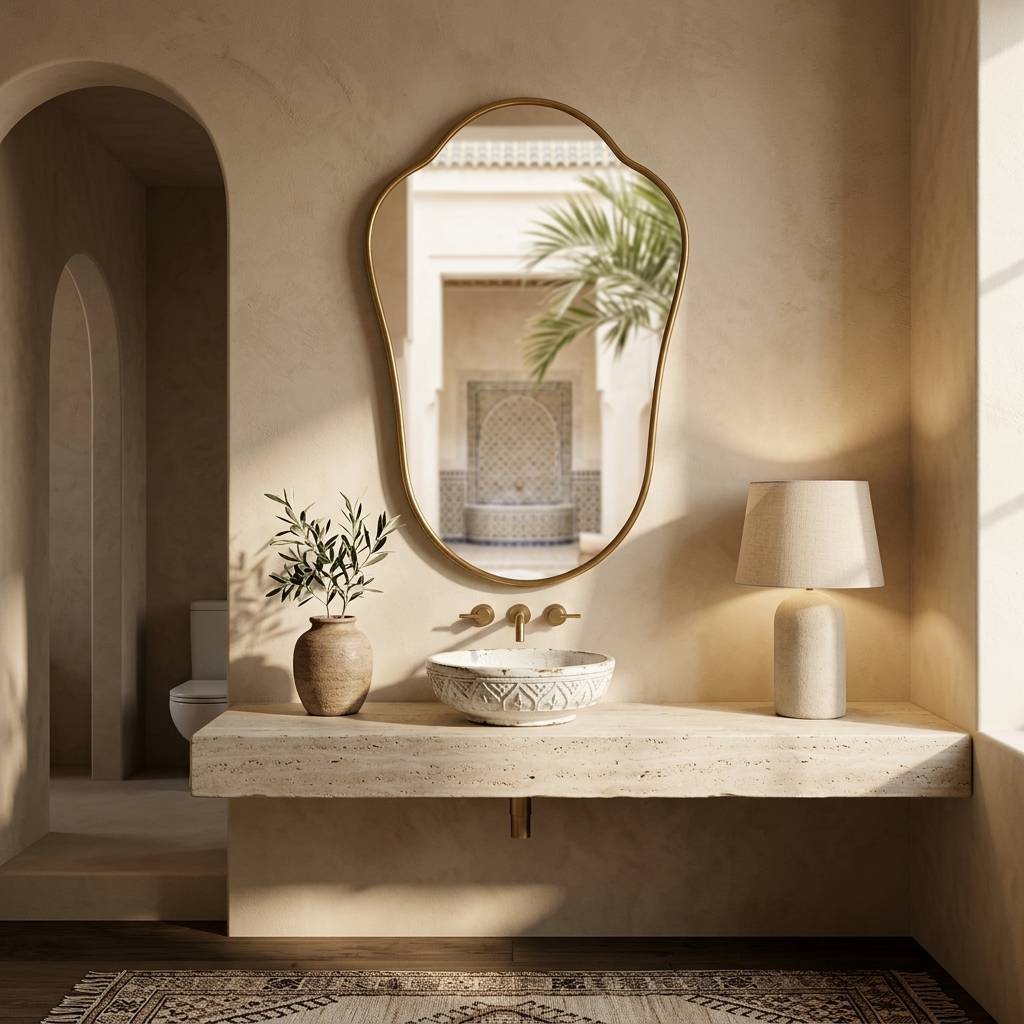 Alya brass mirror detail showing the hand-beaten organic frame edge
